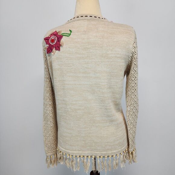 Storybook Knits Cardigan Sweater Size M Beige Crochet Fringe Granny Vintage - Picture 2 of 15